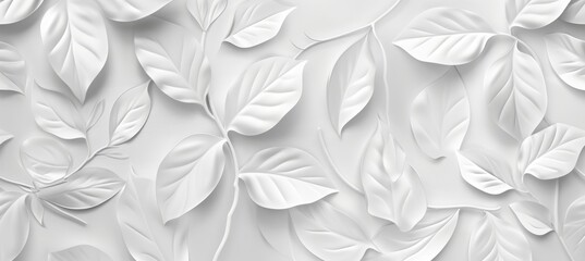 White background with embossed leaves pattern, seamless texture for wall decoration or interior design. Abstract white background with wavy leaves texture pattern for wall cladding