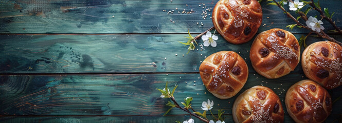 Traditional Easter buns with raisins and honey. Festive Easter pastries on dark blue wooden background. A horizontal banner, a postcard with a place for text. - obrazy, fototapety, plakaty