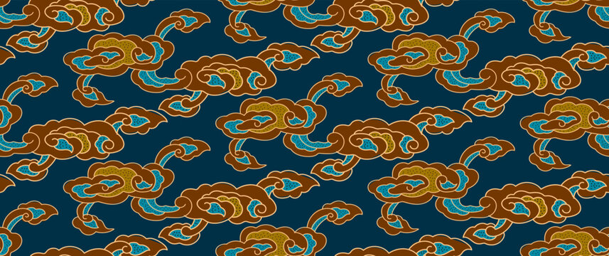 Motif Mega Mendung, batik motif typical of West Java Indonesia, curved line pattern with cloud objects, with developments and various artistic colors