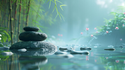 Serene backdrop adorned with a delicate balance of rocks, verdant bamboo foliage, and gently...