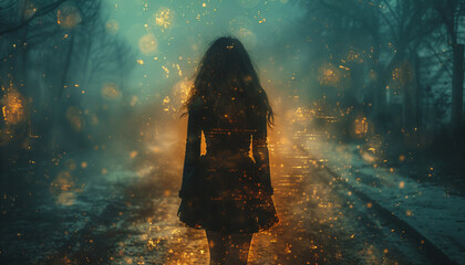 young woman alone on a mysterious forest path at night - obrazy, fototapety, plakaty