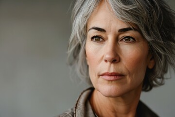 Portrait of a beautiful senior woman with grey hair and brown eyes