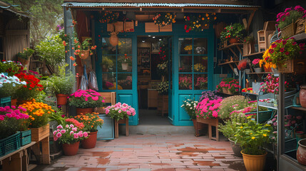 Flowers decorate a street, shop, and market in a holiday-themed image with elements of architecture, doors, windows, and festive decorations like Christmas trees, creating a warm and inviting atmosphe - obrazy, fototapety, plakaty
