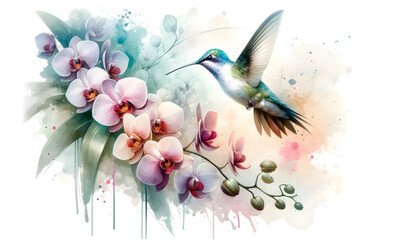 A beautiful scene featuring a hummingbird in flight, surrounded by orchid flowers. The artwork is rendered in bright, subtle tones, employing a diluted watercolor technique