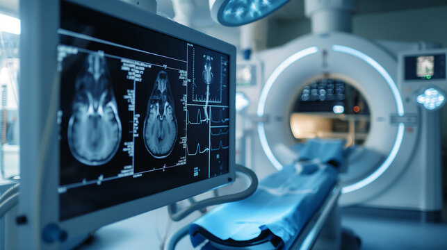Brain MRI scan on screen beside MRI in hospital 