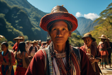 A group of indigenous women dressed in their traditional costumes in their daily life in the Andean highlands - 768544105
