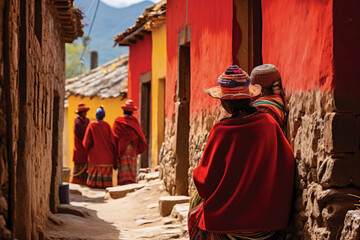 A group of indigenous women dressed in their traditional costumes in their daily life in the Andean highlands - 768544108