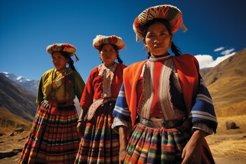 A group of indigenous women dressed in their traditional costumes in their daily life in the Andean highlands