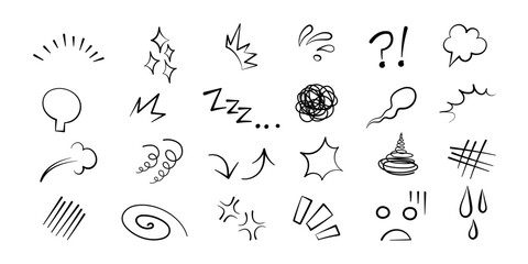 Anime manga comic emoticon element graphic effects hand drawn doodle vector illustration set isolated on white background. Cartoon style manga doodle line expression scribble anime mark collection. © Konstantin