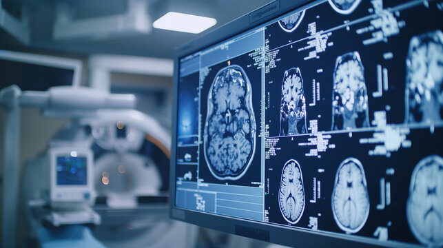 Brain MRI scan on screen beside MRI in hospital 