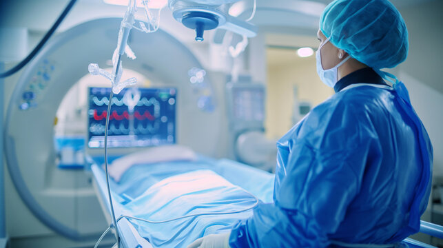 Doctor looking at screen of MRI in hospital