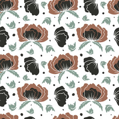 Seamless pattern with abstract poppy flowers brown silhouettes on white background