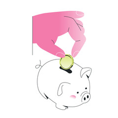 Hand Puts Shiny Coin Into Piggy Bank.Vector illustration isolated on white background. Editable stroke. - 768544358