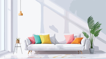 Stylish room in white color with colorful sofa. Scandi