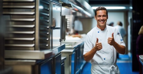  Cook in a kitchen giving thumbs up - obrazy, fototapety, plakaty
