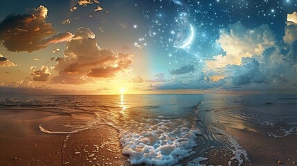 A bright, sunny beachside morning on one half, transitioning to a peaceful, starry night sky on the other, reflecting the passage. - obrazy, fototapety, plakaty