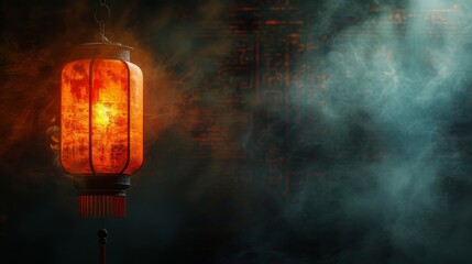 A close-up of a lantern hanging in misty darkness, with a color gradient transitioning from bright yellow to deep orange.