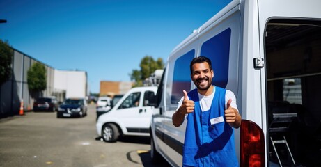 Dependable plumber with tools, ready for service, giving thumbs up in front of work van.
