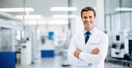 a smiling doctor in a clinic, giving a thumbs up.