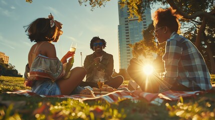 Image description:  A group of three diverse and fashionable friends are enjoying a picnic in the park.