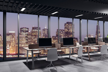 Dark office interior with decorative wooden wall, window and panoramic night city view. 3D Rendering.