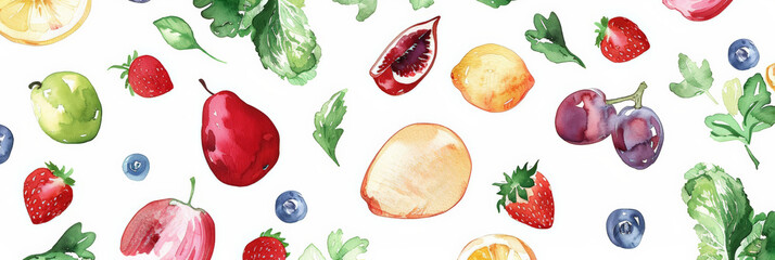 A pattern of fruit and vegetables, watercolor illustration 