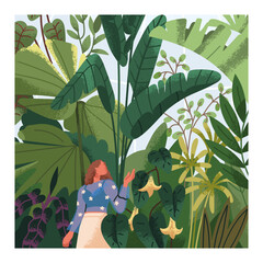 Woman walking among leaf plants in botanical garden, park. Person in green nature, card design. Floral conservatory with dense greenery, flora, leaves, tropical vegetations. Flat vector illustration - obrazy, fototapety, plakaty