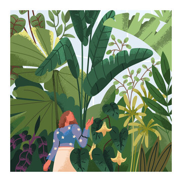 Woman walking among leaf plants in botanical garden, park. Person in green nature, card design. Floral conservatory with dense greenery, flora, leaves, tropical vegetations. Flat vector illustration