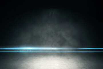 Blue neon light cutting through darkness and smoke on stage, modern show background. 3D Rendering
