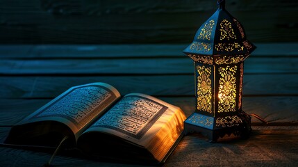 The image is of a beautiful open book with Arabic script on the pages. The book is placed on a wooden table next to a glowing lantern.