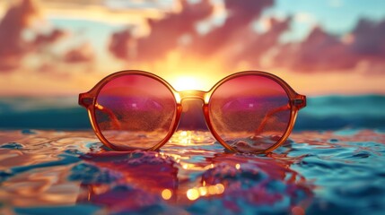 A fashion advertisement showcasing a new line of sunglasses, with the product details displayed through a stylized glass blur effect over a sunny, beach background. - obrazy, fototapety, plakaty