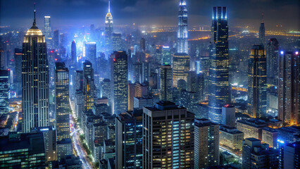 Fototapeta na wymiar Nighttime Cityscape of Skyline with Skyscrapers and Urban Lights