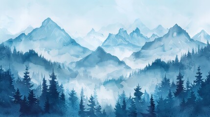 Foggy watercolor mountains, hills and trees isolated elements ,mountains watercolor forest wild nature watercolor mountain range with high peaks against the blue sky, 