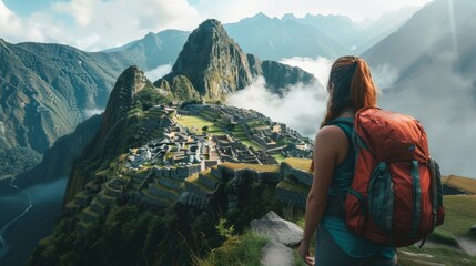 The beauty of travel and adventure with a dynamic shot of a solo traveler exploring an exotic destination - obrazy, fototapety, plakaty