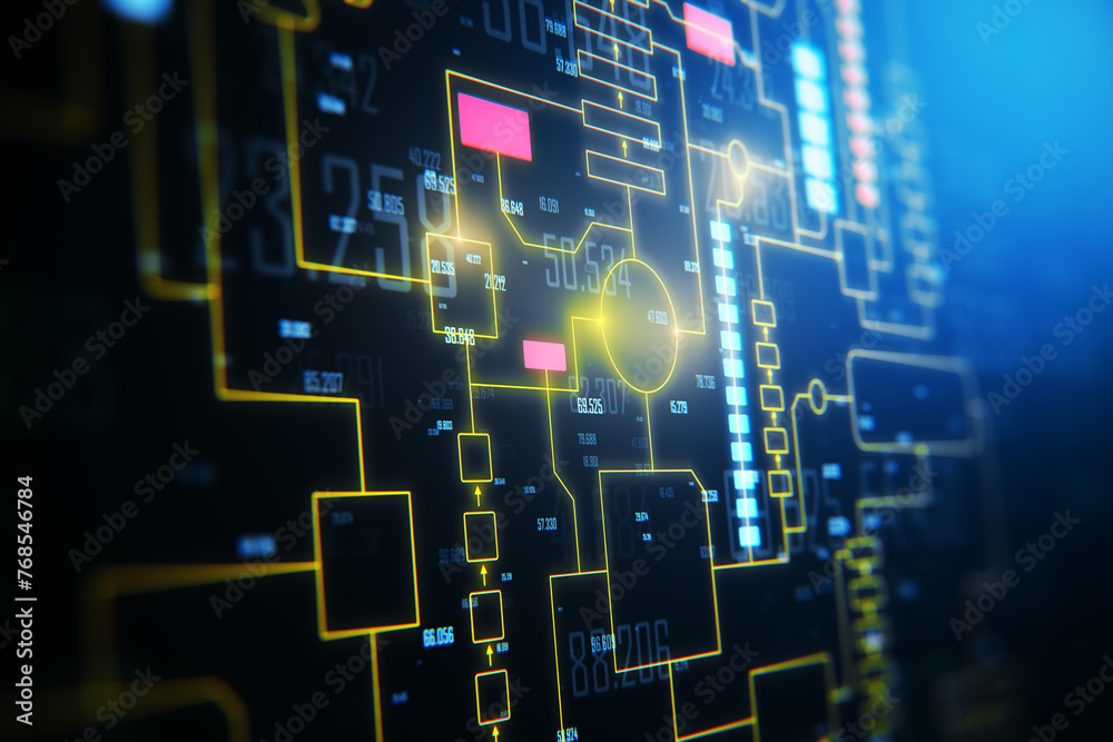 Poster digital circuit board with neon blue and yellow lines on a dark background, concept of technology an