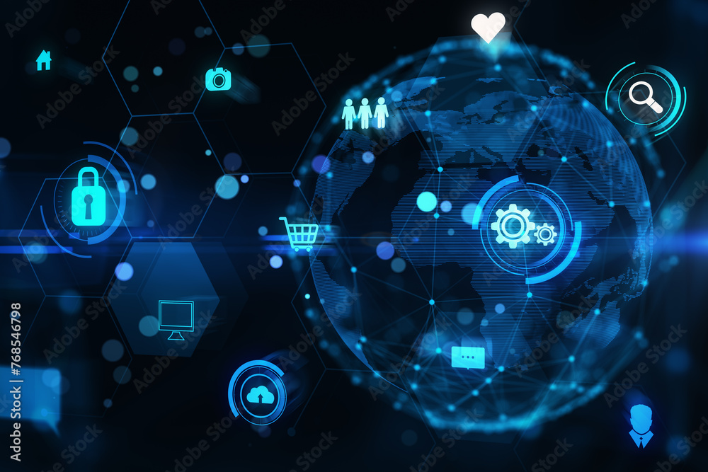 Aufkleber Digital technology background with neon blue cyberspace elements and globe, concept of global tech network. 3D Rendering