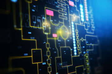 Obraz premium Digital circuit board with neon blue and yellow lines on a dark background, concept of technology and cyberspace. 3D Rendering
