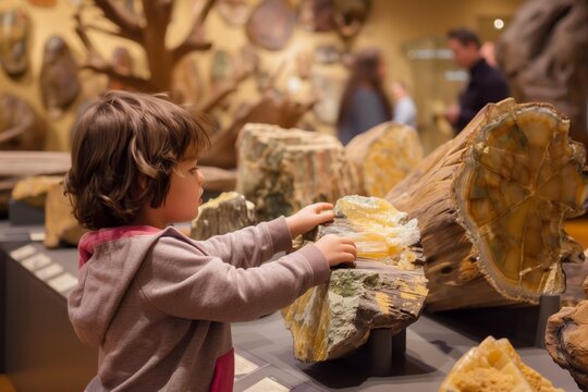 Child Learning About Petrified Wood In A Natural History Museum