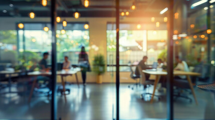 Blurred Office View with People Working Behind Glass Wall