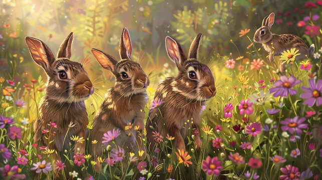 An enchanting digital painting portraying a family of rabbits surrounded by lush flowers during golden hour