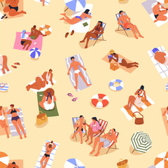 People on summer beach, seamless pattern. Tiny tourists relaxing, resting sunbathing on sand, towels, endless background. Repeating print, sea resort on vacation. Printable flat vector illustration