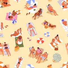 Fotobehang People on summer beach, seamless pattern. Tiny tourists relaxing, resting sunbathing on sand, towels, endless background. Repeating print, sea resort on vacation. Printable flat vector illustration © Good Studio