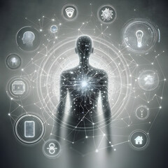 Interconnected Silhouettes AI Embracing Devices and Technology in the Digital Age