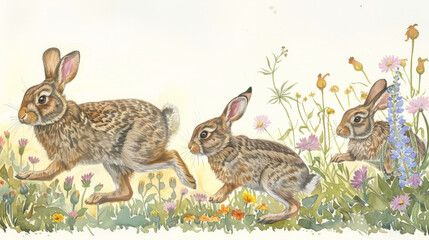 Fototapeta na wymiar An illustration depicting three rabbits in motion, running through a field with scattered flowers and birds