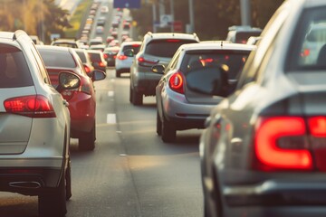 rear view of cars in bumpertobumper traffic on highway