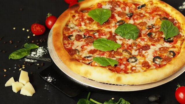 Pizza margherita on a black table, top view. Ingredients for making pizza. Traditional, classic, delicious Italian food on a dark background. Pizza advertisement.