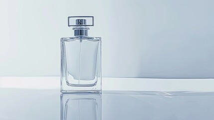 Transparent perfume bottle with a blue backdrop