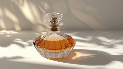 Ornate glass perfume bottle casting soft shadows
