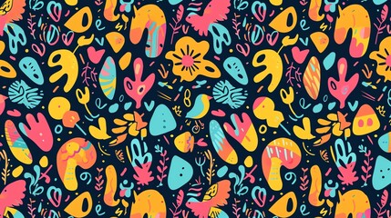Fun and colorful seamless pattern with abstract shapes, birds, and leaves. Great for fabric,...