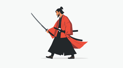 Walking samurai flat vector isolated on white background